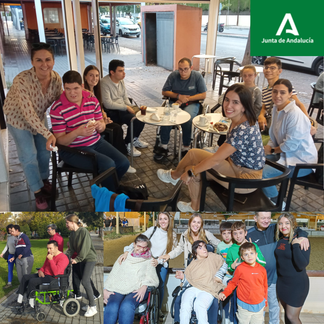 Fotografía dividida en dos partes. En la parte superior, un grupo de jóvenes con discapacidad y sus acompañantes comparten un momento agradable en la terraza de un bar, sentados alrededor de mesas. En la parte inferior, otro grupo de personas, incluyendo varias en silla de ruedas, disfrutan al aire libre y posan sonrientes junto a sus acompañantes. Logotipo de la Junta de Andalucía en la esquina superior derecha.