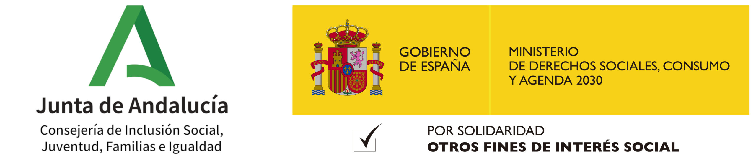 Logotipos de la Junta de Andalucía y del Gobierno de España. Aparece el emblema de la Consejería de Inclusión Social, Juventud, Familias e Igualdad, junto al del Ministerio de Derechos Sociales, Consumo y Agenda 2030. También se incluye el mensaje “Por solidaridad, otros fines de interés social” con una marca de verificación.