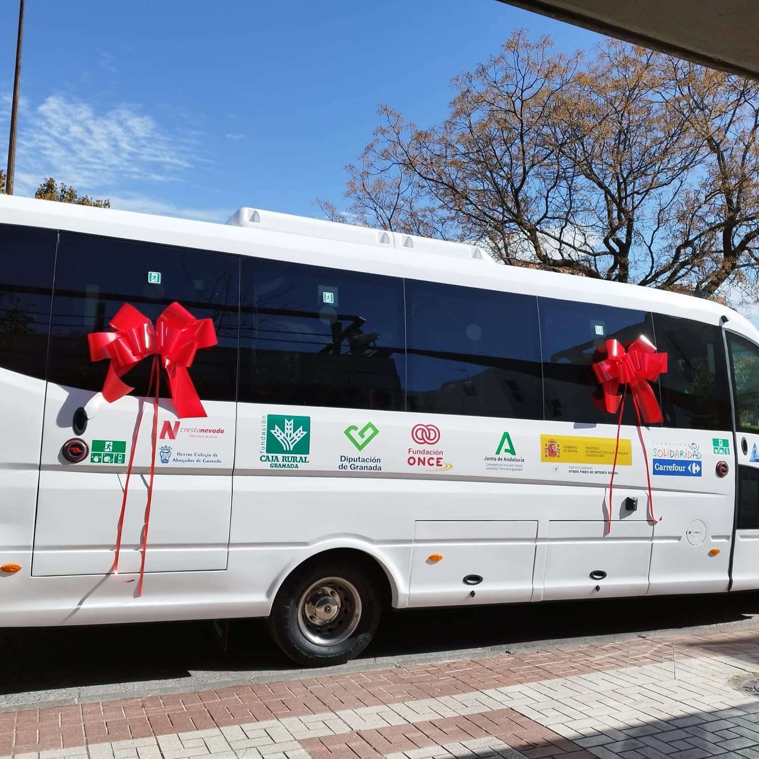 Autobús blanco adaptado para transporte de personas, estacionado en la calle y decorado con dos grandes lazos rojos en las ventanas. En el lateral se ven los logotipos de entidades colaboradoras como Caja Rural Granada, Diputación de Granada, Fundación ONCE, Junta de Andalucía y otras organizaciones. Al fondo hay árboles y cielo despejado.